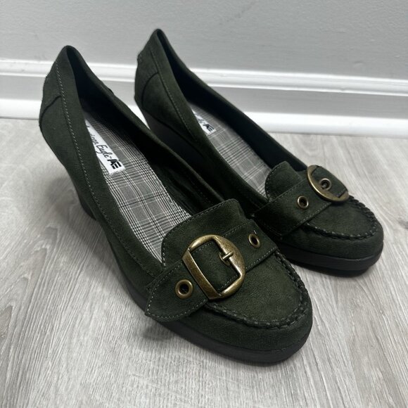 American Eagle Womens Y2K Wedge Loafers Shoes Sz 11 Green Buckle Preppy Academia - Picture 1 of 9